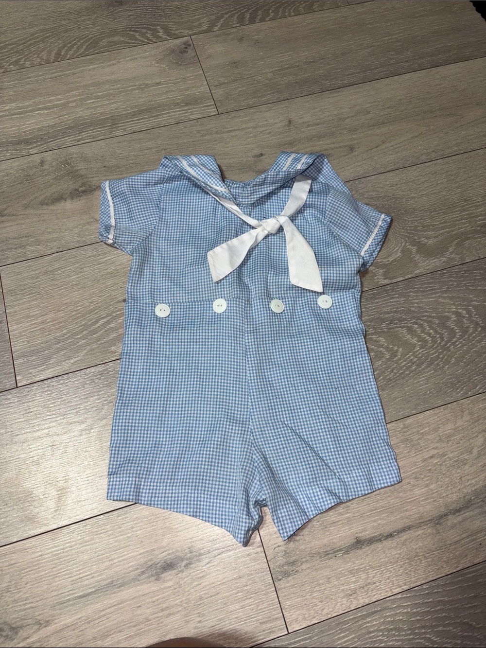 Blue Gingham Sailor One-Piece Bodysuit with White Tie